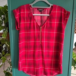 Express Women's Red Plaid Zip V-Neck Cap Sleeve Top